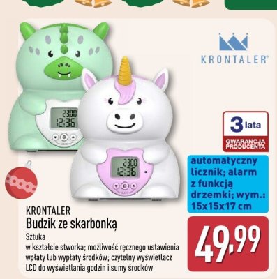 Budzik ze skarbonką KRONTALER - automatyczny licznik, alarm z funkcją drzemki 15x15x17 cm promocja w Aldi
