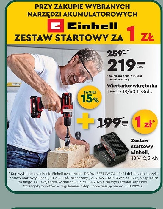 Zestaw startowy pxc akumulator 18v 4.0ah + ładowarka Einhell promocja w Biedronka