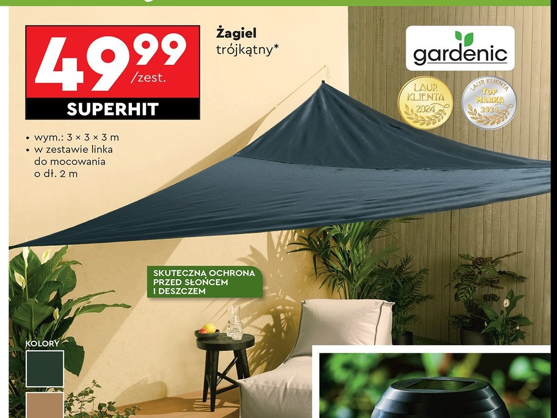 Żagiel trójkąt 3 x 3 x 3 m Gardenic promocja w Biedronka