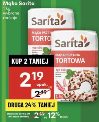 Mąka pszenna tortowa Sarita promocja w Delikatesy Centrum