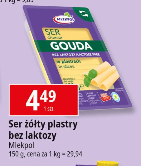 Ser gouda bez laktozy - plastry Mlekpol promocja w Leclerc