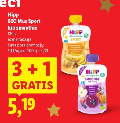 Mus sport lub smoothie Hipp BIO 3+1 gratis promocja w Lidl