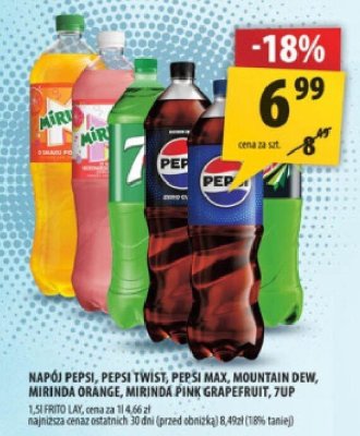 Napój PEPSI, PEPSI TWIST, PEPSI MAX, MOUNTAIN DEW, MIRINDA ORANGE, MIRINDA PINK GRAPEFRUIT, 7UP 1,5l-2l promocja w Arhelan