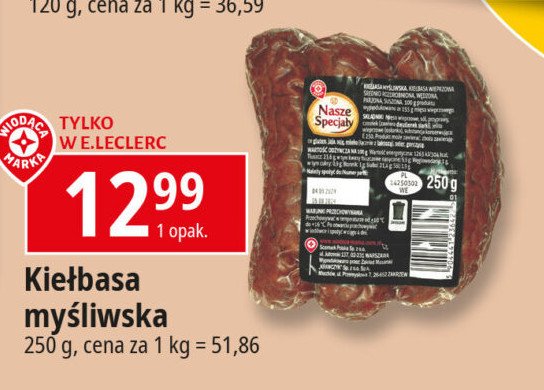 Kiełbasa myśliwska Wiodąca marka nasze specjały promocja w Leclerc