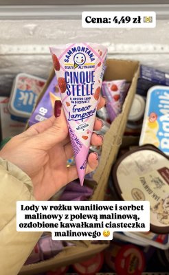Lody Cinque Stelle w rożku waniliowe i sorbet malinowy  promocja w Dino
