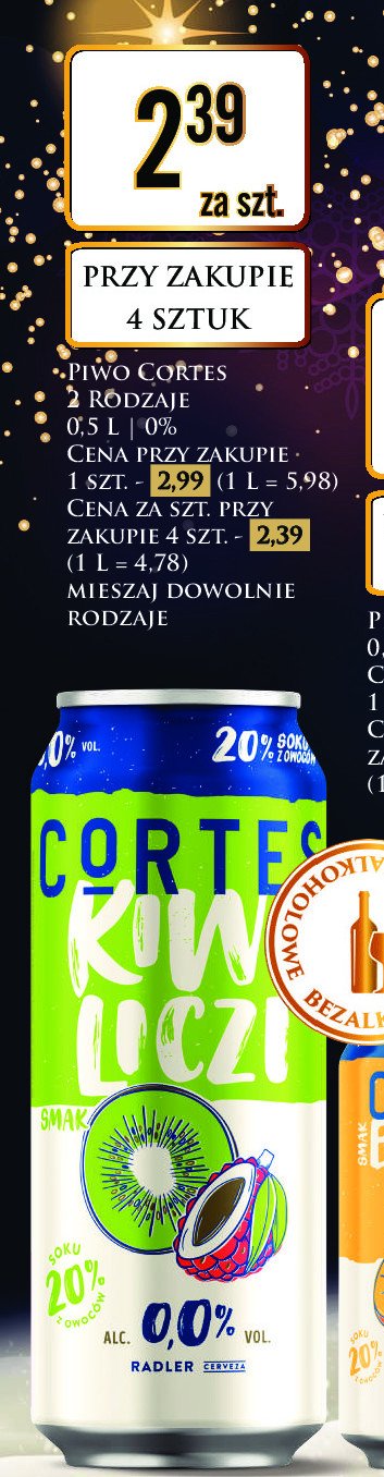 Piwo Cortes 0.0% kiwi liczi promocja w Dino