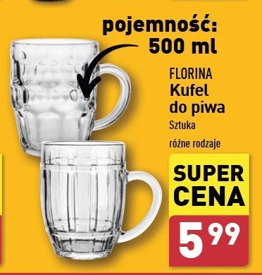 Kufel do piwa 500 ml Florina (florentyna) promocja w Aldi