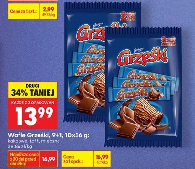 Wafle Grześki, 9+1, 10x36 g: kakaowe, mleczne promocja w Biedronka