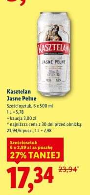 Piwo Kasztelan Jasne Pełne sześcioszutk promocja w Lidl