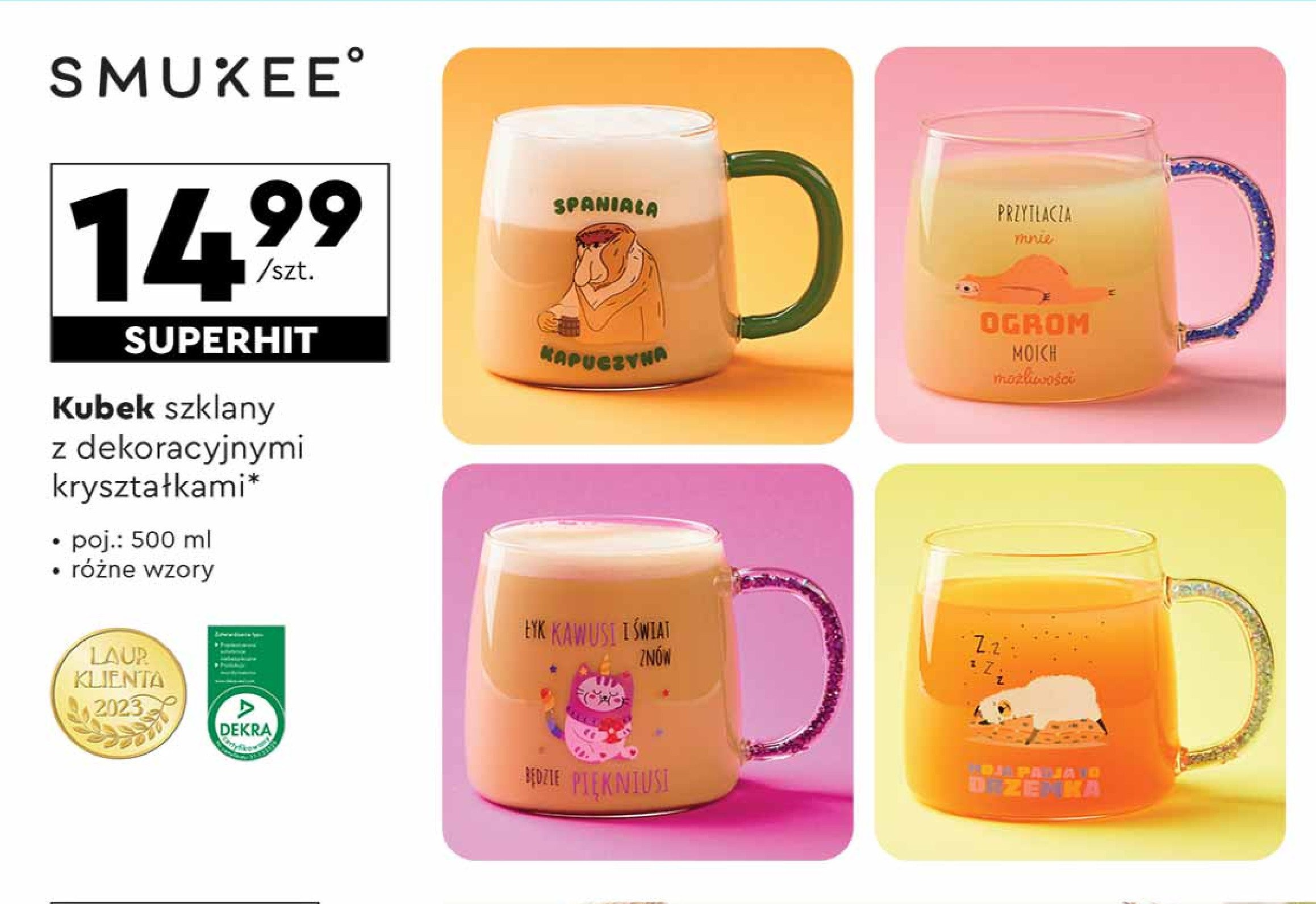 Kubek szklany z dekoracyjnymi kryształkami 500 ml Smukee promocja