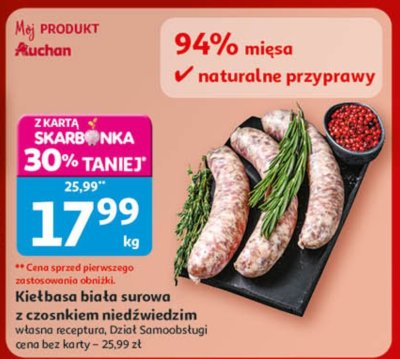 Kiełbasa biała surowa z czosnkiem niedźwiedzim Dział Samoobsługi promocja w Auchan