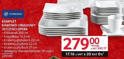 Komplet kawowo-obiadowy Lubiana komplet 60 sztuk 6 filiżanek 200 ml, 6 spodków 14.5 cm, 6 talerzy głębokich 22 cm, 6 talerzy płytkich 22 cm, 6 talerzy płytkich 27 cm, dostępne również komplet 18 części promocja w Selgros