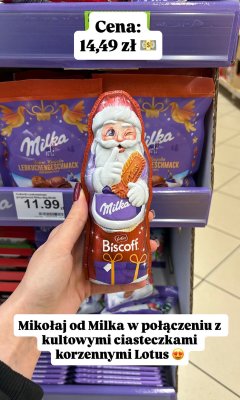 Czekolada Mikołaj od Milka w połączeniu z kultowymi ciasteczkami korzennymi Lotus Biscoff promocja w Dino