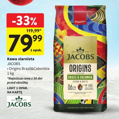 Kawa ziarnista JACOBS Origins Brazil&Colombia 1 kg promocja w Intermarche