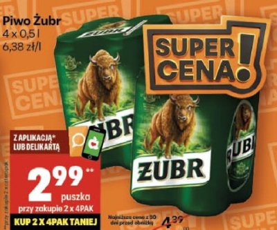 Piwo Żubr 4 x 0,5l promocja w Delikatesy Centrum