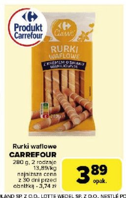 Rurki waflowe z kremem o smaku waniliowym Carrefour promocja