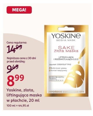 Maska do twarzy Yoskine, złota, liftingująca w płachcie promocja w Rossmann