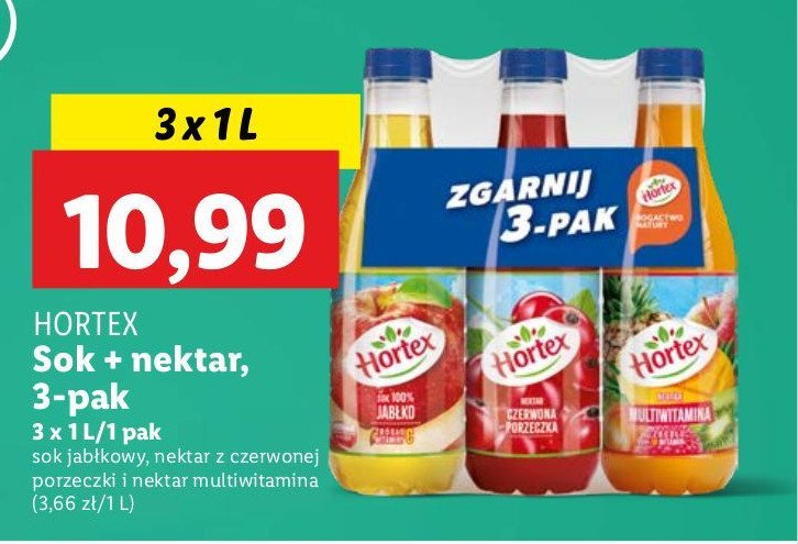 Zestaw: sok jabłko + nektarcz czarna porzeczka + sok multiwitamina Hortex promocja