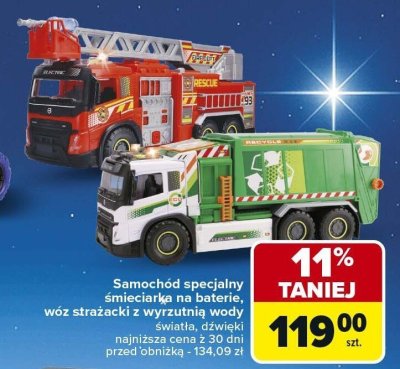 Samochód specjalny śmieciarka na baterię, wóz strażacki z wyrzutnią wody świat dźwięki promocja w Carrefour Market