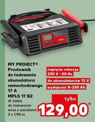 Prostownik do ładowania akumulatora samochodowego 17 A MPLG 17 B2 dł. kabla do ładowania wraz z zaciskami 2 x 1,90 m, napięcie robocze 230 V, 50 Hz, do akumulatorów 12 V, wydajność 8-250 Ah My Project promocja w Kaufland