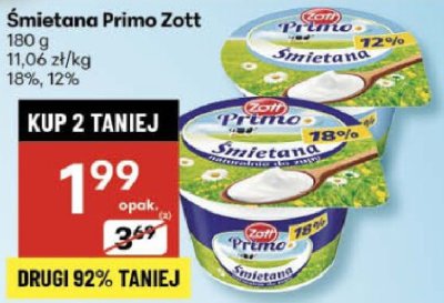 Śmietana Primo Zott 12%, 18% promocja w Delikatesy Centrum