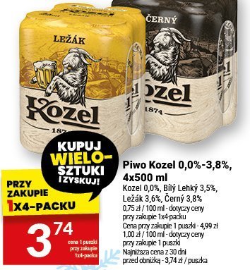 Piwo Kozel 0,0%-3,8%, 4x500 ml promocja w Twój Market