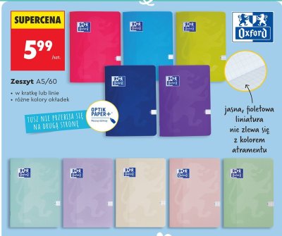 Zeszyt Oxford A5/60 w kratkę lub linię różne kolory okładek promocja w Biedronka