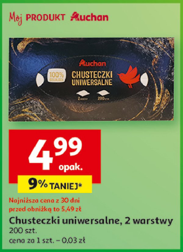 Chusteczki uniwersalne 2-warstwowe Auchan różnorodne (logo czerwone) promocja w Auchan