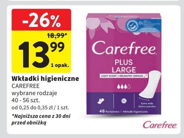 Wkładki higieniczne large Carefree plus promocja w Intermarche