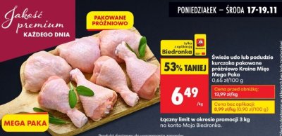 Kurczak świeże udo lub podudzie pakowane próżniowo Kraina Mięs Mega Paka promocja w Biedronka