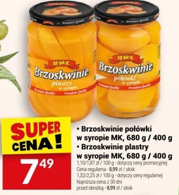 Brzoskwinie plastry w syropie MK, 680 g / 400 g promocja w Twój Market