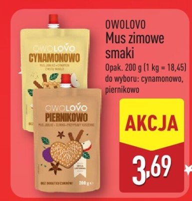 Mus zimowe smaki OWOLOVO cynamonowo piernikowe promocja w Aldi