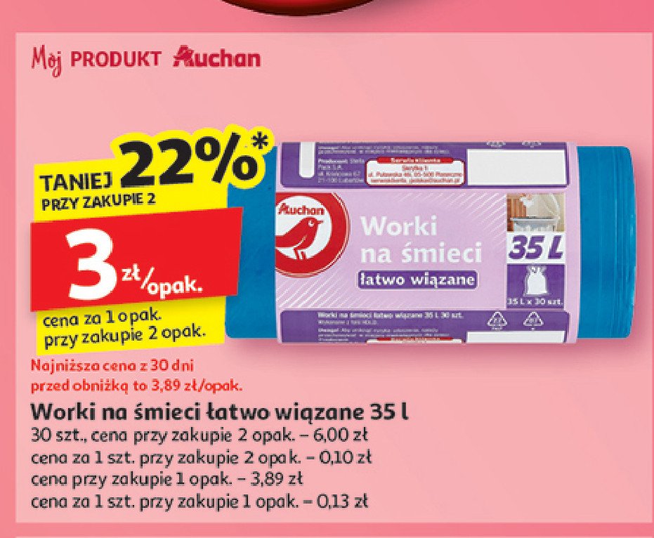 Worki na 艣mieci 艂atwo wi膮zane 35 l Auchan promocja