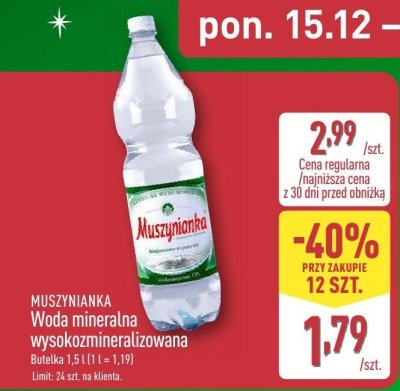 Woda mineralna Muszynianka wysokozmineralizowana promocja w Aldi