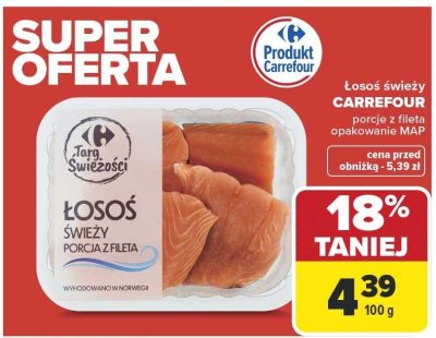 Łosoś świeży Carrefour porcje z fileta opakowanie MAP promocja w Carrefour Market