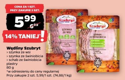 Wędliny Szubryt (szynka ze wsi, szynka ze świnobicia, schab ze świnobicia plastry) 80 g promocja w Netto