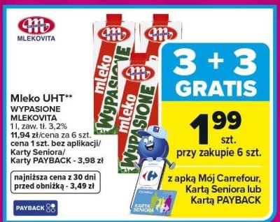Mleko UHT wypasione Mlekovita 1l 3,2% promocja w Carrefour Market