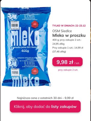 Mleko w proszku OSM Siedlce 26% tłuszczu promocja w Stokrotka