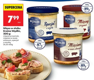 Mięso w słoiku Kraina Wedlin, 300 g: mięsny przysmak, mięsiwo w sosie własnym, specjał z szynką promocja w Biedronka