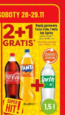 Napój gazowany Coca-Cola, Fanta lub Sprite wybrane rodzaje 1,5 l 2+1 gratis promocja w POLOmarket
