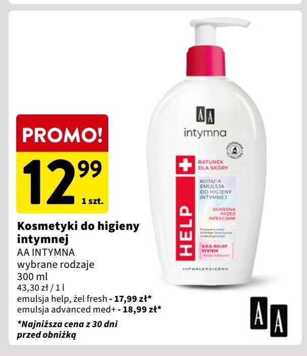 Advanced med+, specjalistyczna emulsja do higieny intymnej nawracające infekcje intymne infekcje dróg moczowych upławy ph 3.5 Aa intymna promocja w Intermarche