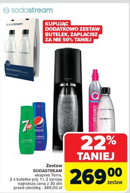 Zestaw: urządzenie terra black + 2x butelki 1l + 1 cylinder + syrop pepsi + syrop 7up Sodastream promocja w Carrefour