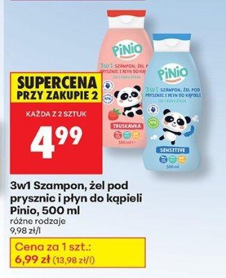 Szampon, żel pod prysznic i płyn do kąpieli 3w1 Pinio, 500 ml, różne rodzaje promocja w Biedronka