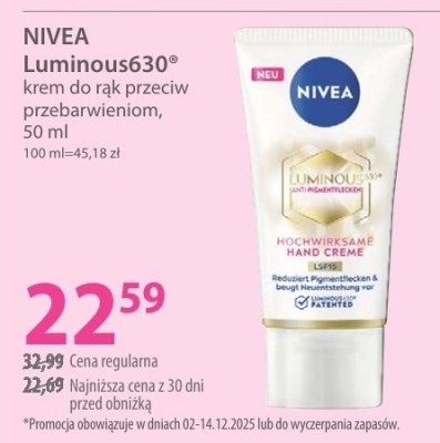 Krem do rąk przeciw przebarwieniom NIVEA Luminous630 promocja w Hebe