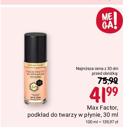 Podkład w płynie spf20 w44 warm ivory MAX FACTOR FACEFINITY ALL DAY FLAWLESS promocja