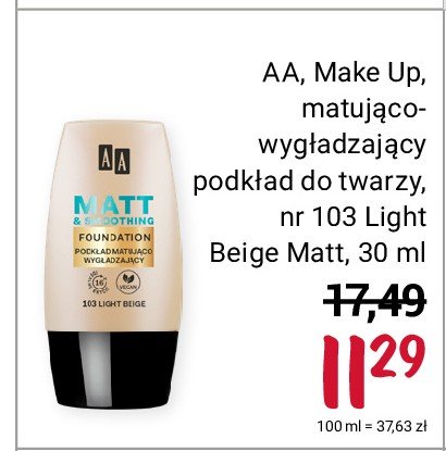 Matt 16h podkład matująco wygładzający 103 light beige Aa make up promocja