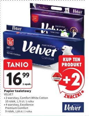 Papier toaletowy VELVET 3 warstwy Comfort White Cotton, 4 warstwy Excellence Premium Comfort promocja w Intermarche
