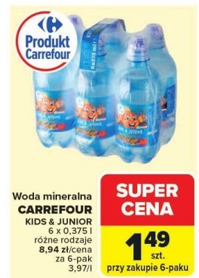 Woda mineralna Carrefour Kids & Junior różne rodzaje 8.94 zł/za 6-pak promocja w Carrefour