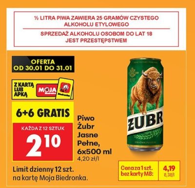 Piwo Żubr Jasne Pełne 6x500 ml promocja w Biedronka