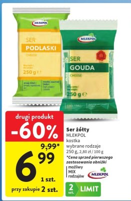 Ser żółty kostka wybrane rodzaje 250 g Mlekpol promocja w Intermarche